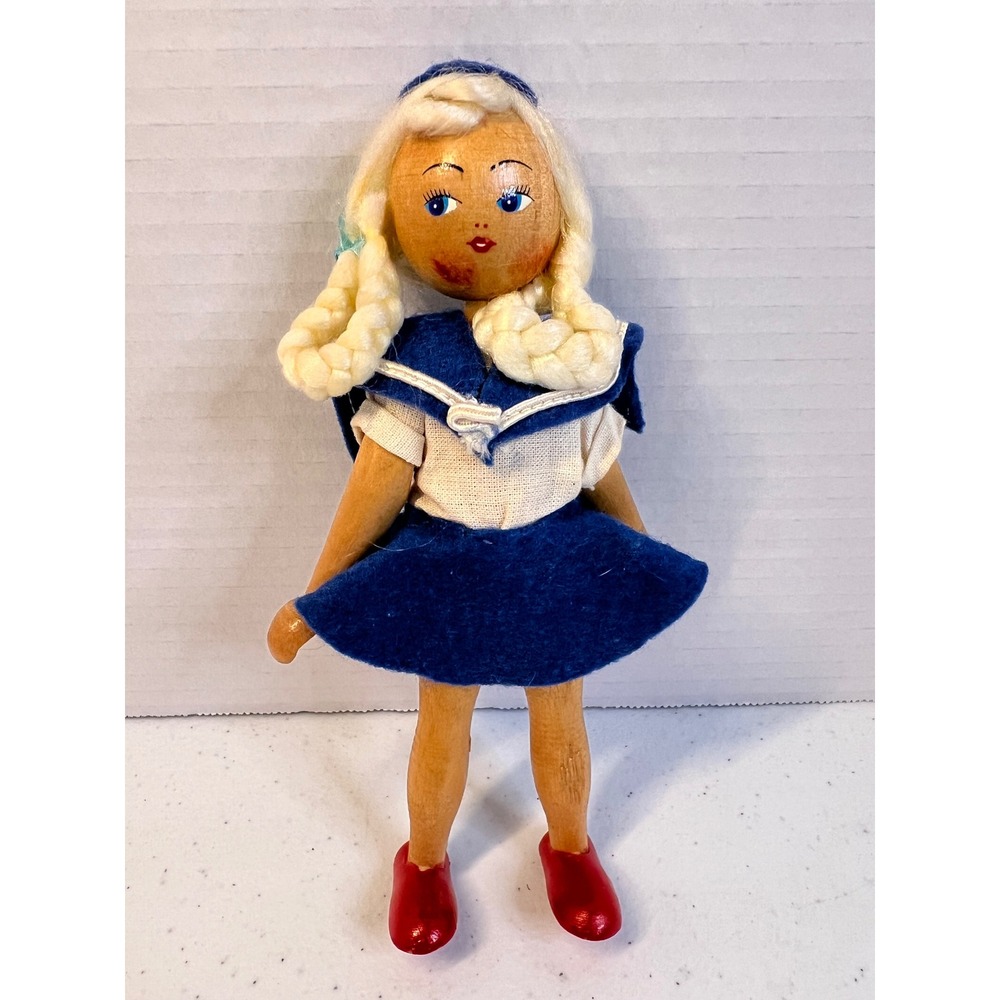 Vintage Poland Wooden Peg Doll Mid-Century Folk Art Sailor Souvenir 6.5 Inch